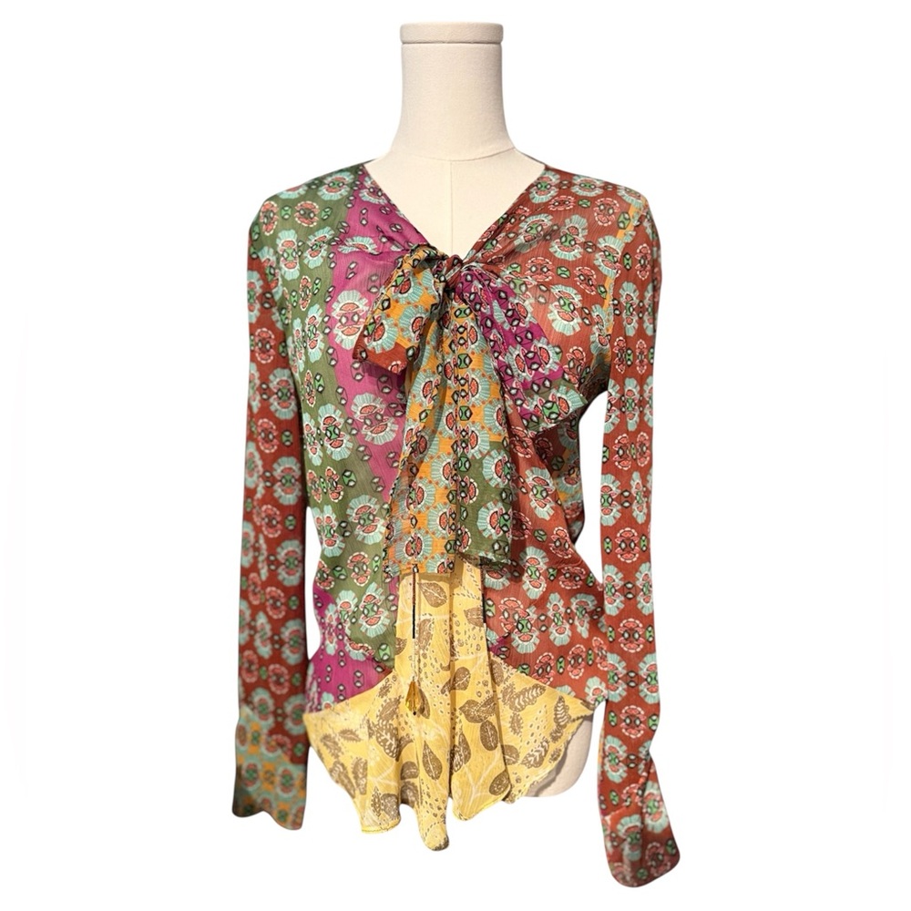 ZARA Colorblock Floral Patchwork Blouse NWT Size Medium Boho Chic Bow Neck Top